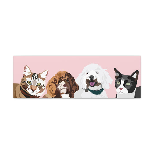 Four Pets Portrait on Canvas - 12"x36" Horizontal | Light Pink Background | Custom Hand-Drawn Pet Portrait in Cartoon-Realism Style