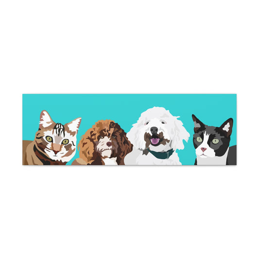 Four Pets Portrait on Canvas - 12"x36" Horizontal | Teal Background | Custom Hand-Drawn Pet Portrait in Cartoon-Realism Style