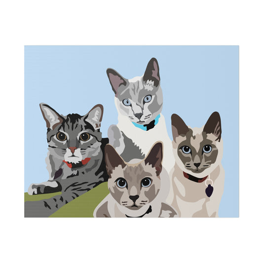 Four Pet Portrait on Canvas - Stacked Design | Light Blue Background | Custom Hand-Drawn Pet Portrait in Cartoon-Realism Style