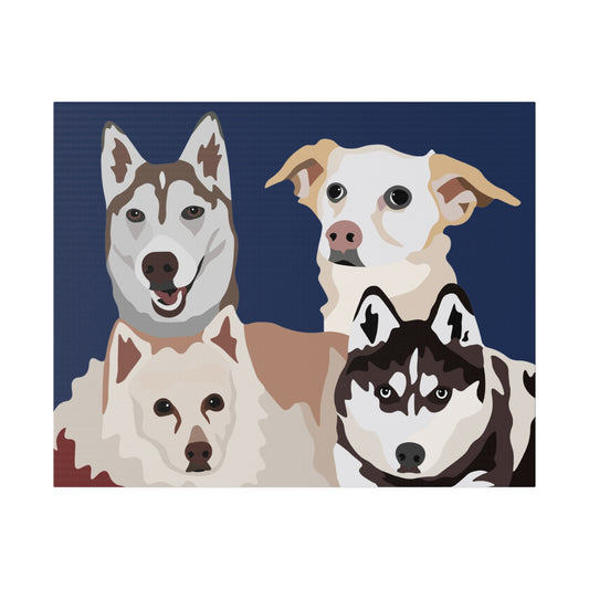 Four Pet Portrait on Canvas - Stacked Design | Navy Blue Background | Custom Hand-Drawn Pet Portrait in Cartoon-Realism Style