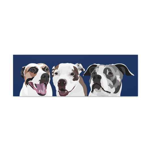 Three Pets Portrait on Canvas - 12"x36" Horizontal  | Navy Blue Background | Custom Hand-Drawn Pet Portrait in Cartoon-Realism Style