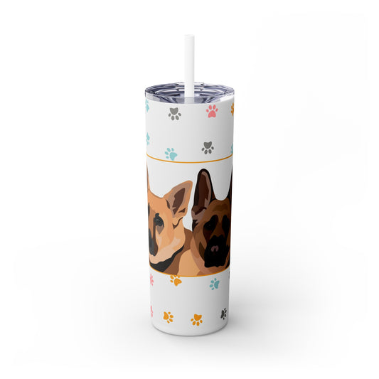 Two Pet | White with Little Colorful Paw Prints | Skinny Tumbler with Straw, 20oz
