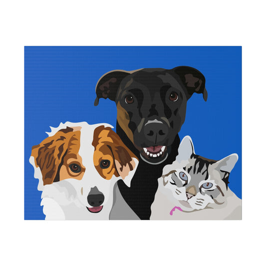 Three Pet Portrait on Canvas - Stacked Design | Royal Blue Background | Custom Hand-Drawn Pet Portrait in Cartoon-Realism Style