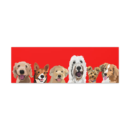 Six Pets Portrait on Canvas - 12"x36" Horizontal | Red Background | Custom Hand-Drawn Pet Portrait in Cartoon-Realism Style