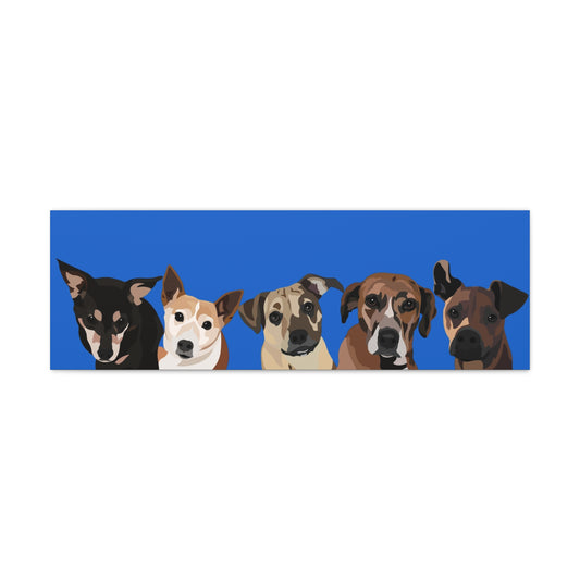 Five Pets Portrait on Canvas - 12"x36" Horizontal | Royal Blue Background | Custom Hand-Drawn Pet Portrait in Cartoon-Realism Style