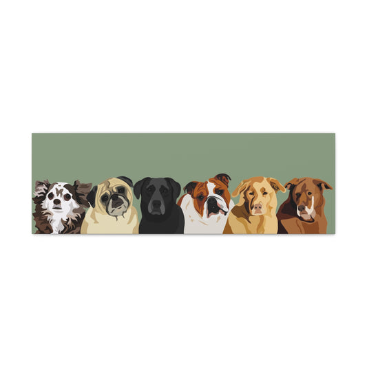 Six Pets Portrait on Canvas - 12"x36" Horizontal | Sage Green Background | Custom Hand-Drawn Pet Portrait in Cartoon-Realism Style