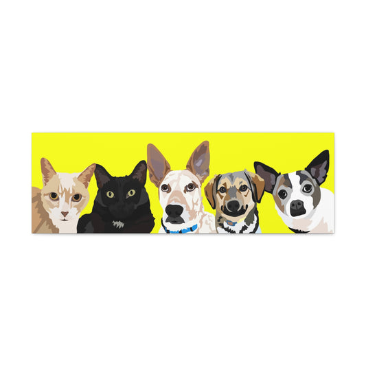Five Pets Portrait on Canvas - 12"x36" Horizontal | Yellow Background | Custom Hand-Drawn Pet Portrait in Cartoon-Realism Style
