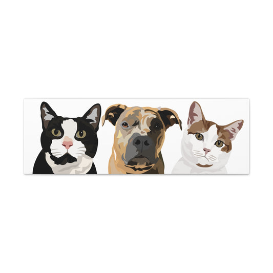 Three Pets Portrait on Canvas - 12"x36" Horizontal | White Background | Custom Hand-Drawn Pet Portrait in Cartoon-Realism Style