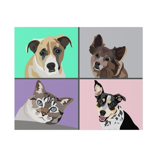 Four Pet Portrait on Canvas - Grid Design | Choose 4 Colors Background | Custom Hand-Drawn Pet Portrait in Cartoon-Realism Style