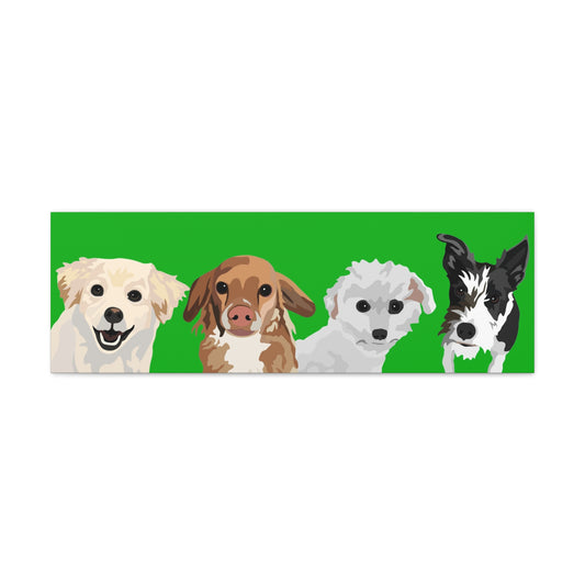 Four Pets Portrait on Canvas - 12"x36" Horizontal | Green Background | Custom Hand-Drawn Pet Portrait in Cartoon-Realism Style