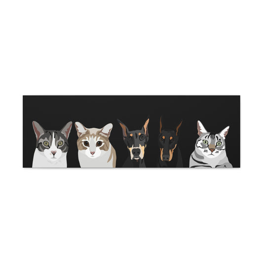 Five Pets Portrait on Canvas - 12"x36" Horizontal | Black Background | Custom Hand-Drawn Pet Portrait in Cartoon-Realism Style