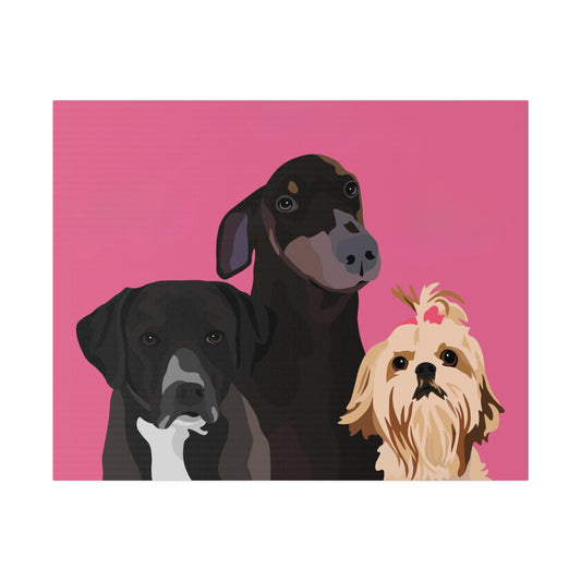 Three Pet Portrait on Canvas - Stacked Design | Hot Pink Background | Custom Hand-Drawn Pet Portrait in Cartoon-Realism Style