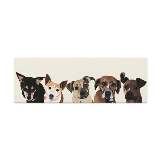 Five Pets Portrait on Canvas - 12"x36" Horizontal | Cream Background | Custom Hand-Drawn Pet Portrait in Cartoon-Realism Style
