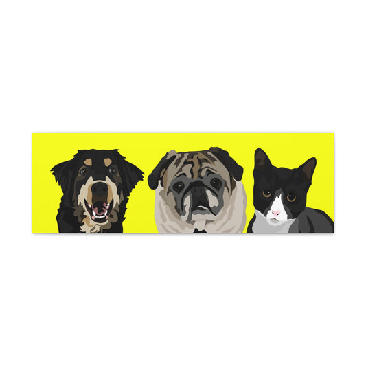 Three Pets Portrait on Canvas - 12"x36" Horizontal | Yellow Background | Custom Hand-Drawn Pet Portrait in Cartoon-Realism Style