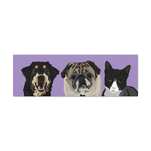 Three Pets Portrait on Canvas - 12"x36" Horizontal  | Lavender Purple Background | Custom Hand-Drawn Pet Portrait in Cartoon-Realism Style