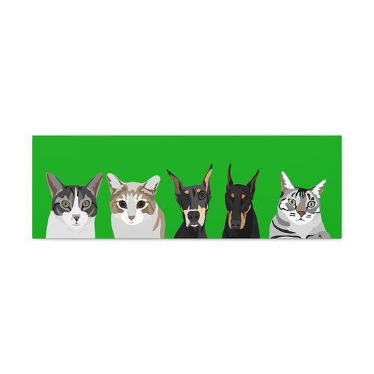 Five Pets Portrait on Canvas - 12"x36" Horizontal | Green Background | Custom Hand-Drawn Pet Portrait in Cartoon-Realism Style