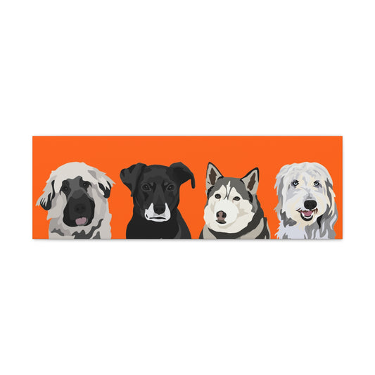 Four Pets Portrait on Canvas - 12"x36" Horizontal | Orange Background | Custom Hand-Drawn Pet Portrait in Cartoon-Realism Style