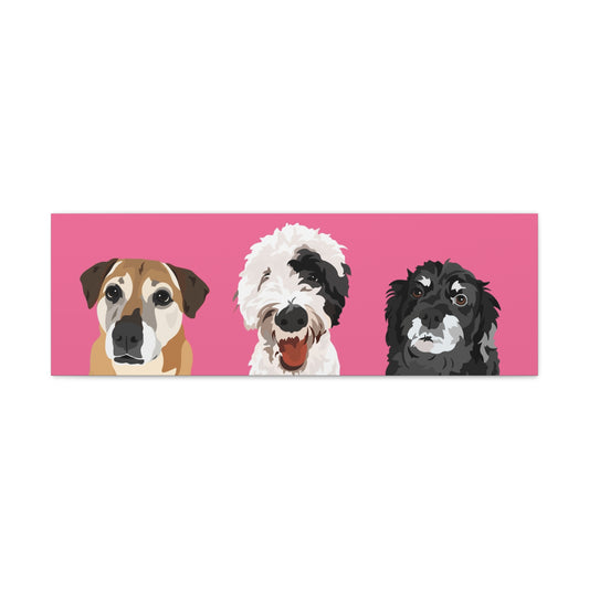 Three Pets Portrait on Canvas - 12"x36" Horizontal | Hot Pink Background | Custom Hand-Drawn Pet Portrait in Cartoon-Realism Style