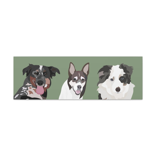 Three Pets Portrait on Canvas - 12"x36" Horizontal | Sage Green Background | Custom Hand-Drawn Pet Portrait in Cartoon-Realism Style
