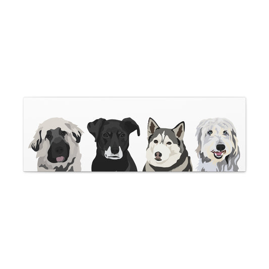 Four Pets Portrait on Canvas - 12"x36" Horizontal | White Background | Custom Hand-Drawn Pet Portrait in Cartoon-Realism Style