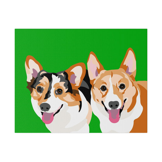 Two Pet Portrait on Canvas | Green Background | Custom Hand-Drawn Pet Portrait in Cartoon-Realism Style