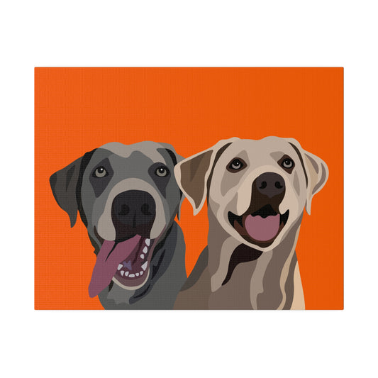 Two Pet Portrait on Canvas | Orange Background | Custom Hand-Drawn Pet Portrait in Cartoon-Realism Style