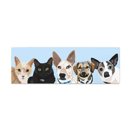 Five Pets Portrait on Canvas - 12"x36" Horizontal | Light Blue Background | Custom Hand-Drawn Pet Portrait in Cartoon-Realism Style