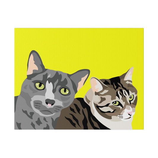 Two Pet Portrait on Canvas | Yellow Background | Custom Hand-Drawn Pet Portrait in Cartoon-Realism Style