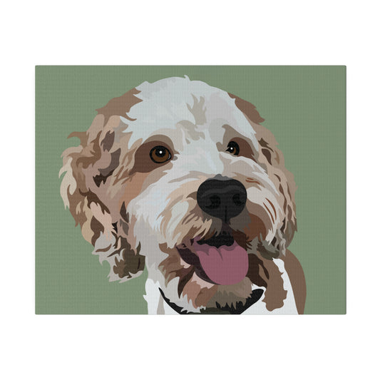 One Pet Portrait on Canvas | Sage Green Background | Custom Hand-Drawn Pet Portrait in Cartoon-Realism Style