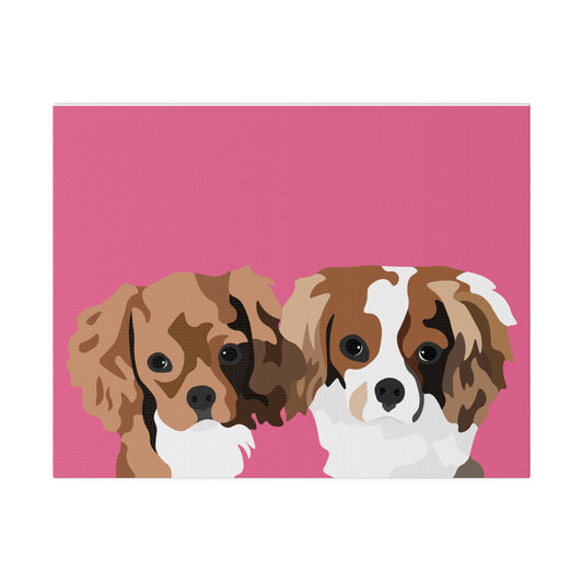 Two Pet Portrait on Canvas | Hot Pink Background | Custom Hand-Drawn Pet Portrait in Cartoon-Realism Style
