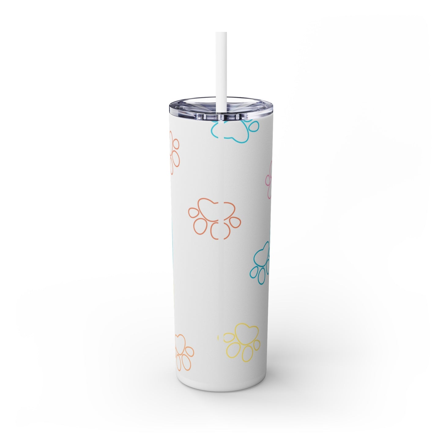 One Pet | White with Blue Circle Frame and Colorful Paw Print Outlines | Skinny Tumbler with Straw, 20oz with Personalized Name