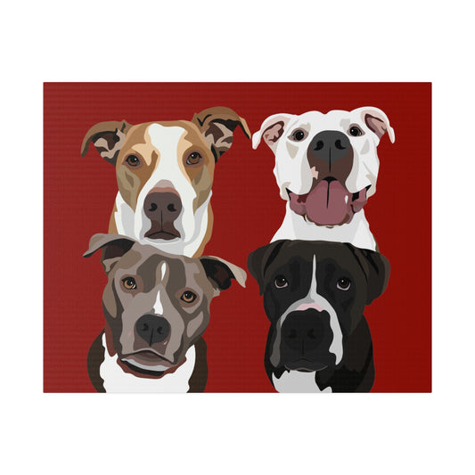 Four Pet Portrait on Canvas - Stacked Design | Brick Red Background | Custom Hand-Drawn Pet Portrait in Cartoon-Realism Style