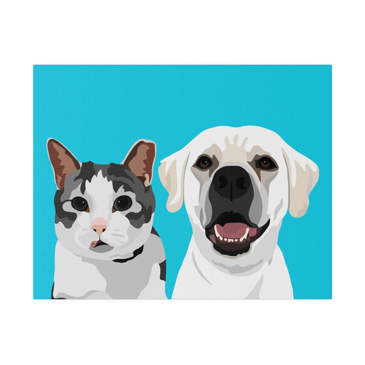 Two Pet Portrait on Canvas | Caribbean Blue Background | Custom Hand-Drawn Pet Portrait in Cartoon-Realism Style
