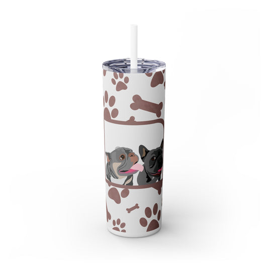 Two Pet | Brown and White Bones and Paw Prints | Skinny Tumbler with Straw, 20oz