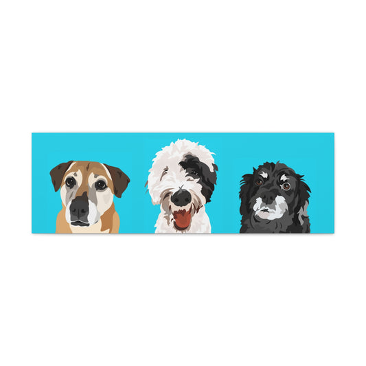 Three Pets Portrait on Canvas - 12"x36" Horizontal | Caribbean Blue Background | Custom Hand-Drawn Pet Portrait in Cartoon-Realism Style