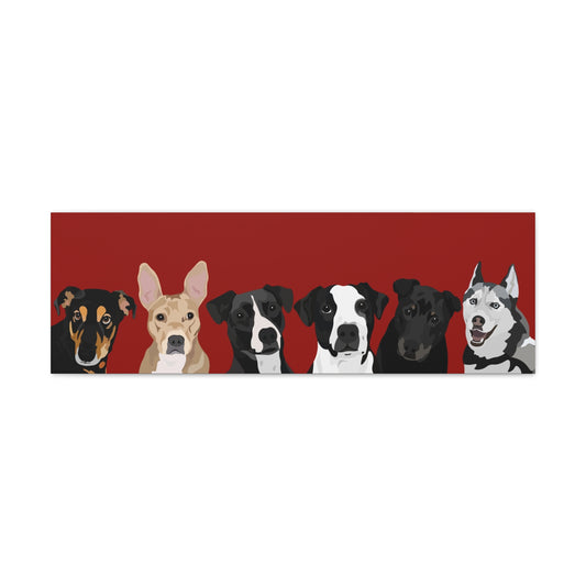 Six Pets Portrait on Canvas - 12"x36" Horizontal | Brick Red Background | Custom Hand-Drawn Pet Portrait in Cartoon-Realism Style