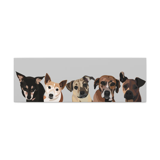Five Pets Portrait on Canvas - 12"x36" Horizontal | Light Grey Background | Custom Hand-Drawn Pet Portrait in Cartoon-Realism Style