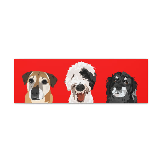 Three Pets Portrait on Canvas - 12"x36" Horizontal | Red Background | Custom Hand-Drawn Pet Portrait in Cartoon-Realism Style