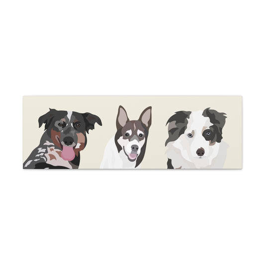 Three Pets Portrait on Canvas - 12"x36" Horizontal | Cream Background | Custom Hand-Drawn Pet Portrait in Cartoon-Realism Style