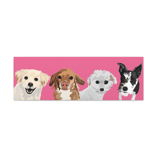 Four Pets Portrait on Canvas - 12"x36" Horizontal | Hot Pink Background | Custom Hand-Drawn Pet Portrait in Cartoon-Realism Style