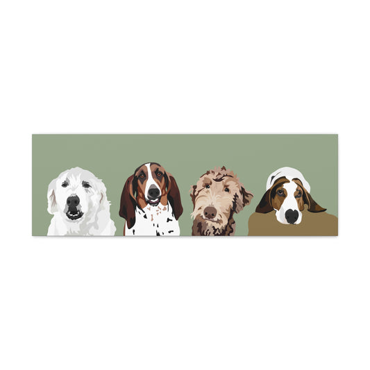 Four Pets Portrait on Canvas -12"x36" Horizontal | Sage Green Background | Custom Hand-Drawn Pet Portrait in Cartoon-Realism Style