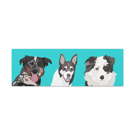 Three Pets Portrait on Canvas - 12"x36" Horizontal | Teal Background | Custom Hand-Drawn Pet Portrait in Cartoon-Realism Style