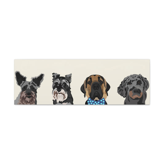 Four Pets Portrait on Canvas - 12"x36" Horizontal | Cream Background | Custom Hand-Drawn Pet Portrait in Cartoon-Realism Style