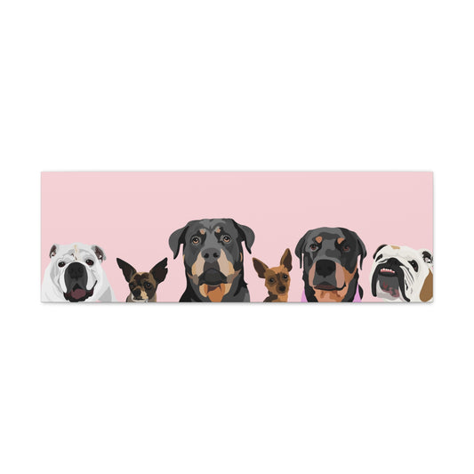 Six Pets Portrait on Canvas - 12"x36" Horizontal | Light Pink Background | Custom Hand-Drawn Pet Portrait in Cartoon-Realism Style
