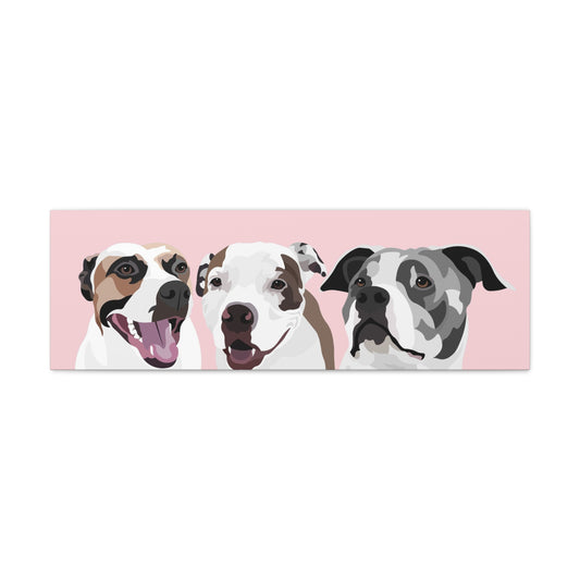 Three Pets Portrait on Canvas - 12"x36" Horizontal | Light Pink Background | Custom Hand-Drawn Pet Portrait in Cartoon-Realism Style