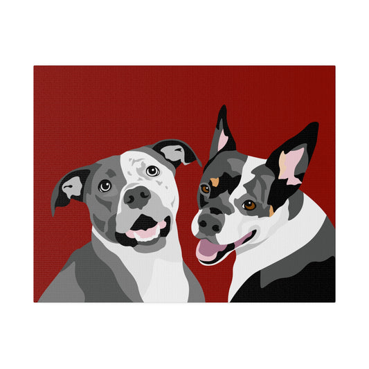 Two Pet Portrait on Canvas | Brick Red Background | Custom Hand-Drawn Pet Portrait in Cartoon-Realism Style