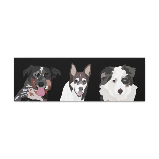 Three Pets Portrait on Canvas - 12"x36" Horizontal | Black Background | Custom Hand-Drawn Pet Portrait in Cartoon-Realism Style