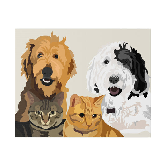 Four Pet Portrait on Canvas - Stacked Design | Cream Background | Custom Hand-Drawn Pet Portrait in Cartoon-Realism Style