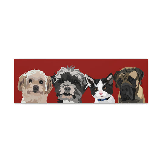 Four Pets Portrait on Canvas -12"x36" Horizontal | Brick Red Background | Custom Hand-Drawn Pet Portrait in Cartoon-Realism Style