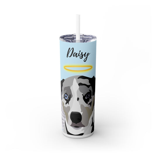 One Pet | Light Blue with Angel Wings and Halo | Skinny Tumbler with Straw, 20oz with Personalized Name